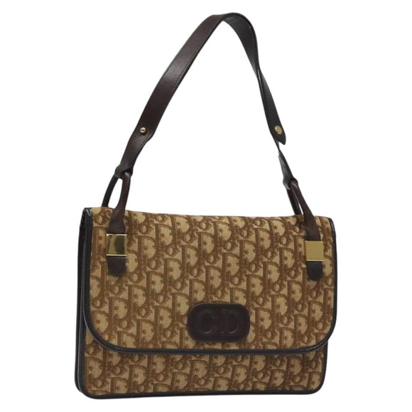 Christian Dior Trotter Canvas Shoulder Bag Brown Gold Auth 126371