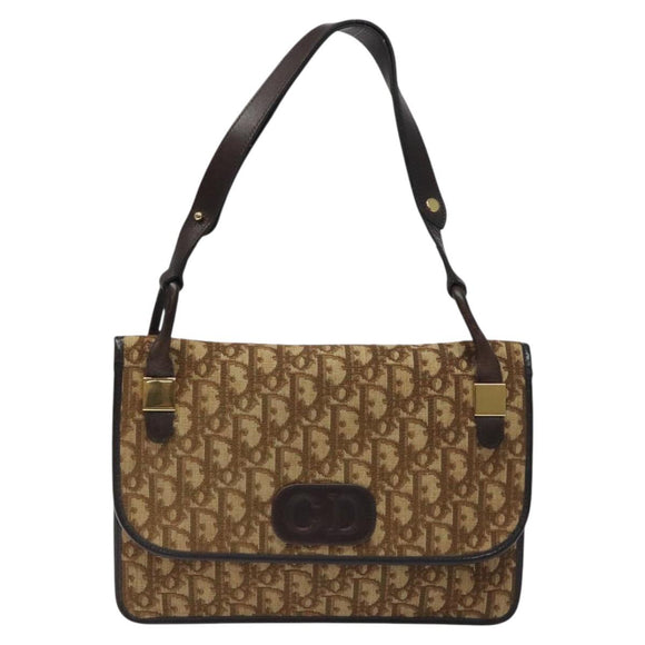 Christian Dior Trotter Canvas Shoulder Bag Brown Gold Auth 126371