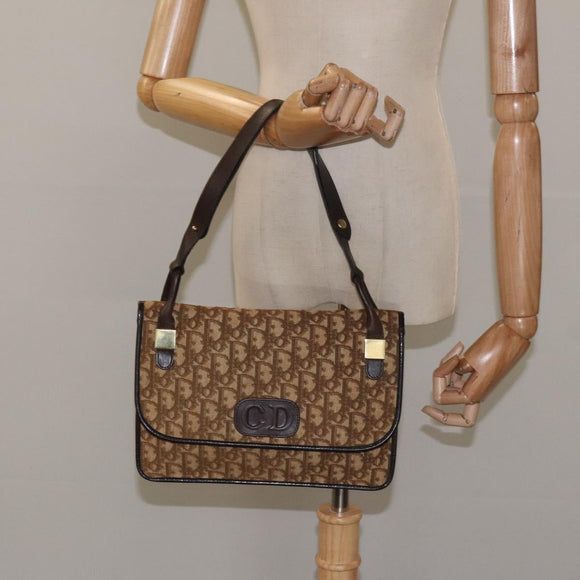 Christian Dior Trotter Canvas Shoulder Bag Brown Gold Auth 126371