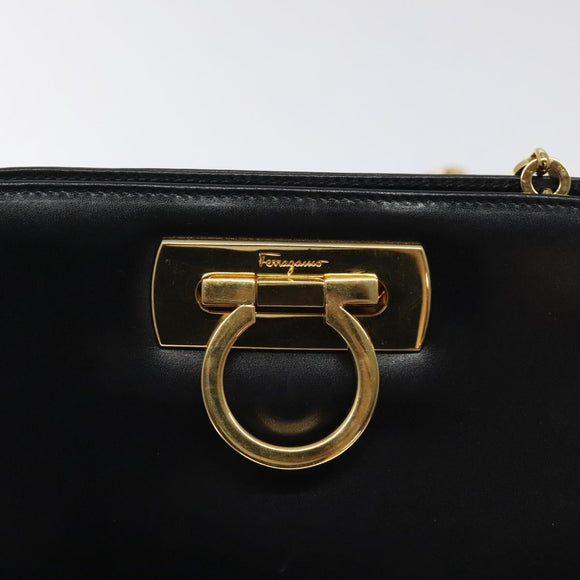 Salvatore Ferragamo Gancini Chain Shoulder Bag Leather Black Gold Auth 126376