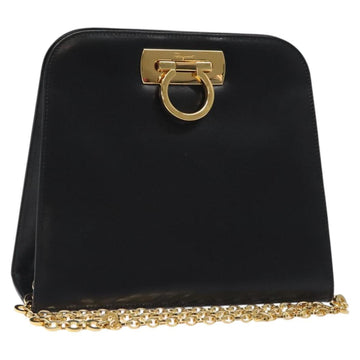 Salvatore Ferragamo Gancini Chain Shoulder Bag Leather Black Gold Auth 126376