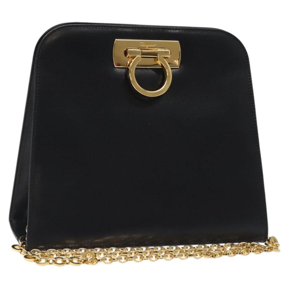 Salvatore Ferragamo Gancini Chain Shoulder Bag Leather Black Gold Auth 126376