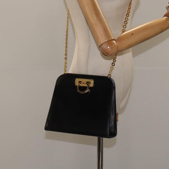 Salvatore Ferragamo Gancini Chain Shoulder Bag Leather Black Gold Auth 126376