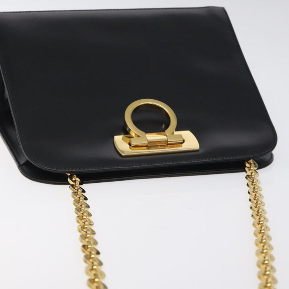 Salvatore Ferragamo Gancini Chain Shoulder Bag Leather Black Gold Auth 126376