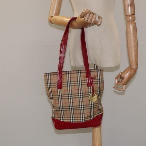 BURBERRY Nova Check Tote Bag Canvas Red Beige gold Auth 126393