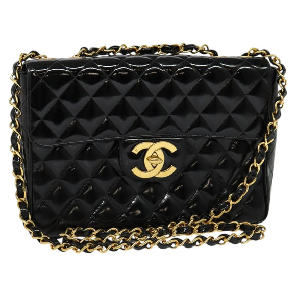 CHANEL Big Matelasse Chain Shoulder Bag Patent leather Black Gold CC Auth 126493