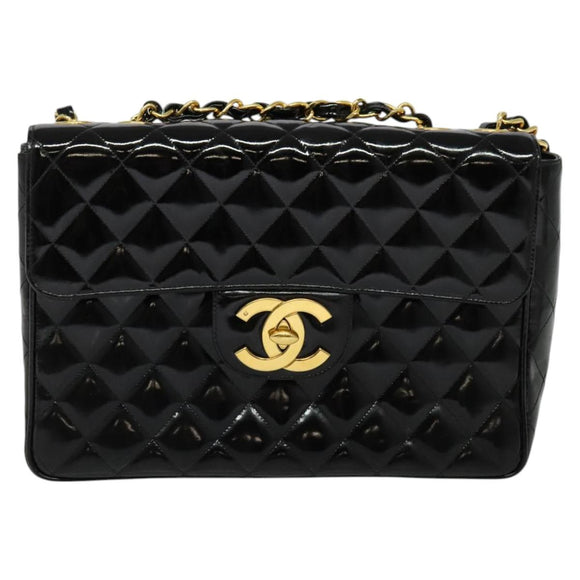 CHANEL Big Matelasse Chain Shoulder Bag Patent leather Black Gold CC Auth 126493