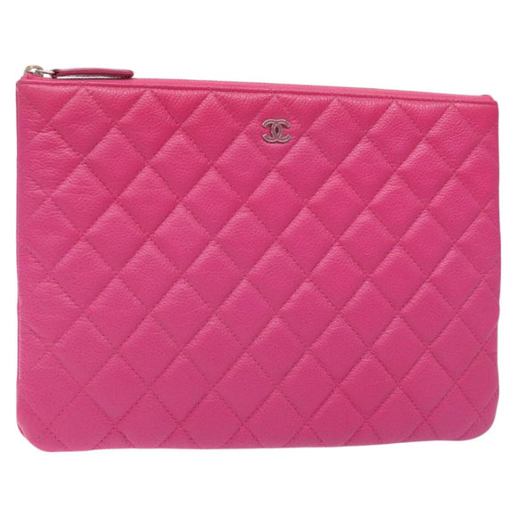 CHANEL Matelasse Clutch Bag Caviar Skin Pink Silver CC Auth 126556M