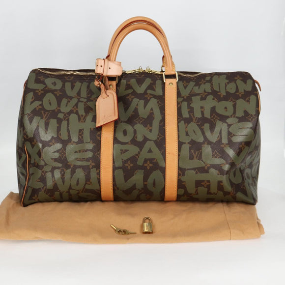 LOUIS VUITTON Monogram Graffiti Keepall 50 Boston Bag Khaki M92196 Auth 126567SM
