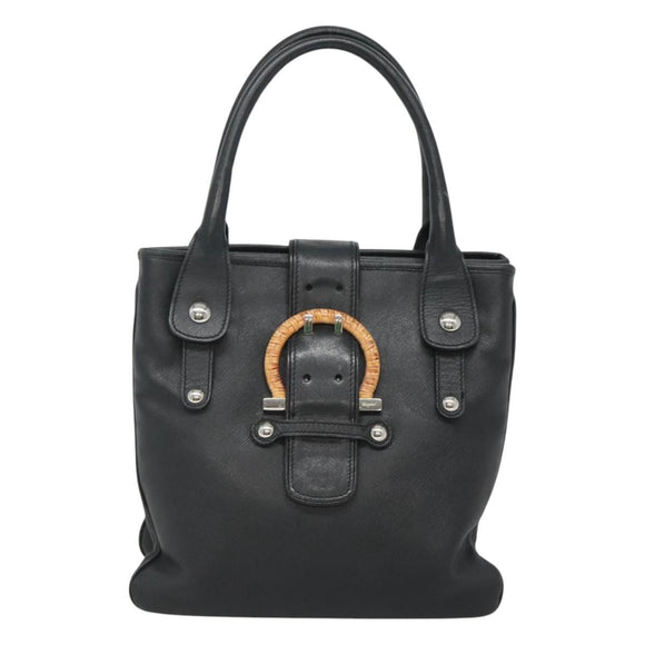 Salvatore Ferragamo Gancini Hand Bag Leather Black Silver Auth 126582