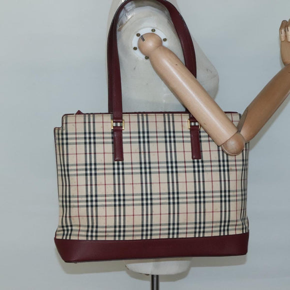 BURBERRY Nova Check Tote Bag Canvas Beige Red gold Auth 126583