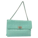 CHANEL Chain Choco Bar Shoulder Bag Lamb Skin Light Blue Silver CC Auth 126604-1