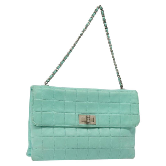 CHANEL Chain Choco Bar Shoulder Bag Lamb Skin Light Blue Silver CC Auth 126604