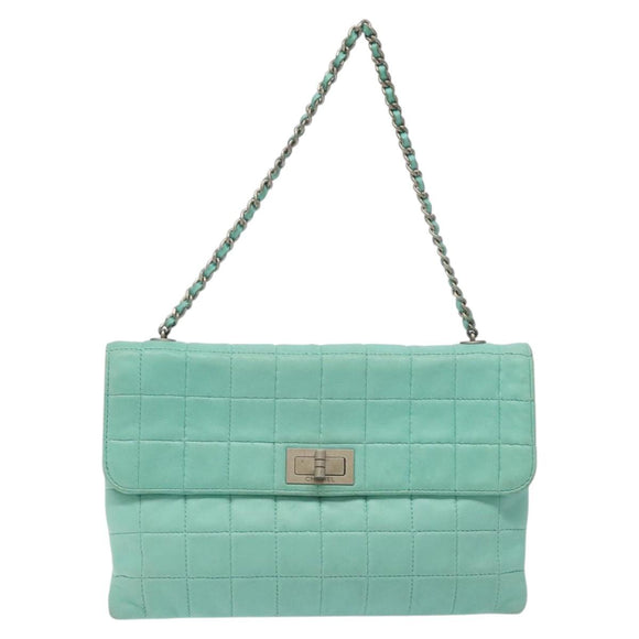 CHANEL Chain Choco Bar Shoulder Bag Lamb Skin Light Blue Silver CC Auth 126604