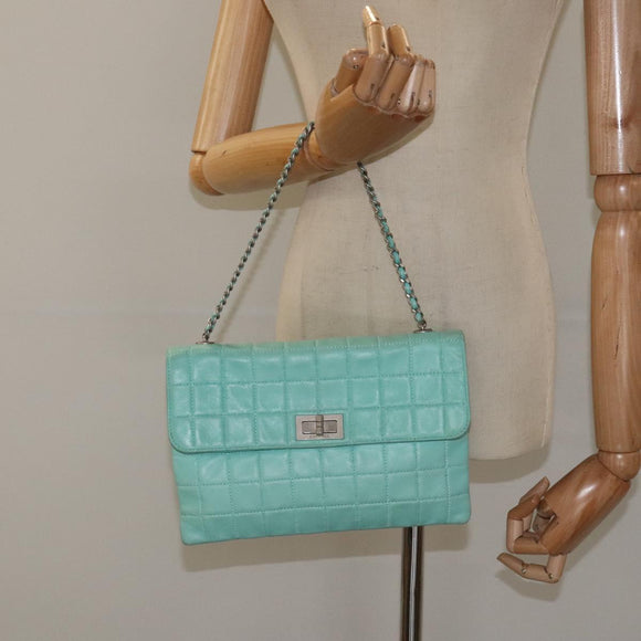 CHANEL Chain Choco Bar Shoulder Bag Lamb Skin Light Blue Silver CC Auth 126604