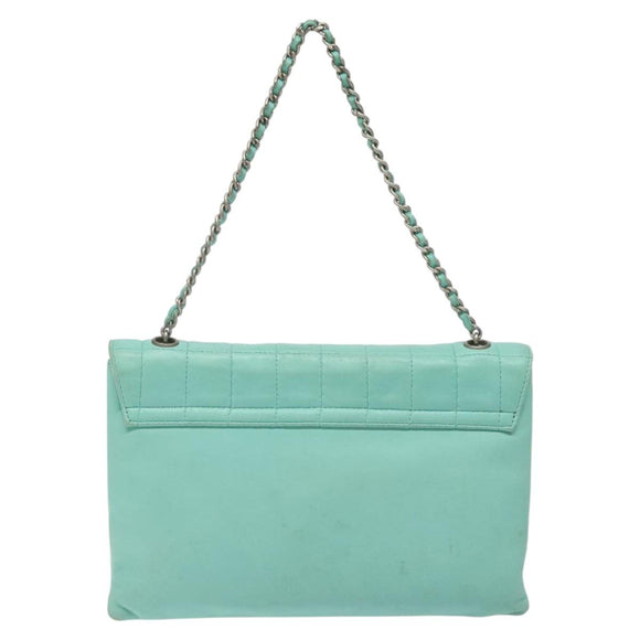 CHANEL Chain Choco Bar Shoulder Bag Lamb Skin Light Blue Silver CC Auth 126604