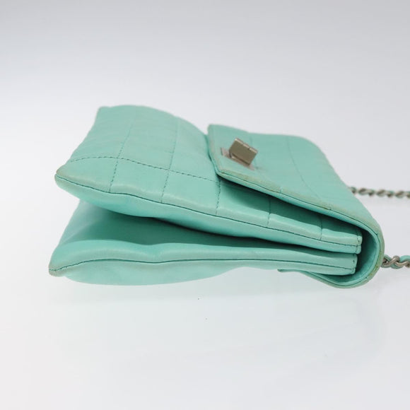 CHANEL Chain Choco Bar Shoulder Bag Lamb Skin Light Blue Silver CC Auth 126604