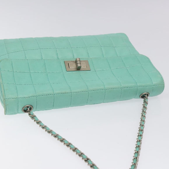 CHANEL Chain Choco Bar Shoulder Bag Lamb Skin Light Blue Silver CC Auth 126604