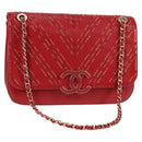 CHANEL Chain V Stitch Shoulder Bag Lamb Skin Red Gold CC Auth 126605M-1