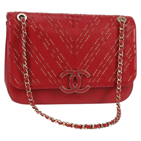 CHANEL Chain V Stitch Shoulder Bag Lamb Skin Red Gold CC Auth 126605M