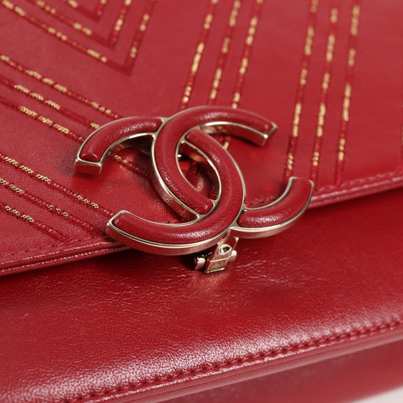 CHANEL Chain V Stitch Shoulder Bag Lamb Skin Red Gold CC Auth 126605SM