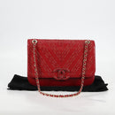 CHANEL Chain V Stitch Shoulder Bag Lamb Skin Red Gold CC Auth 126605SM-12