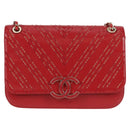 CHANEL Chain V Stitch Shoulder Bag Lamb Skin Red Gold CC Auth 126605SM-13