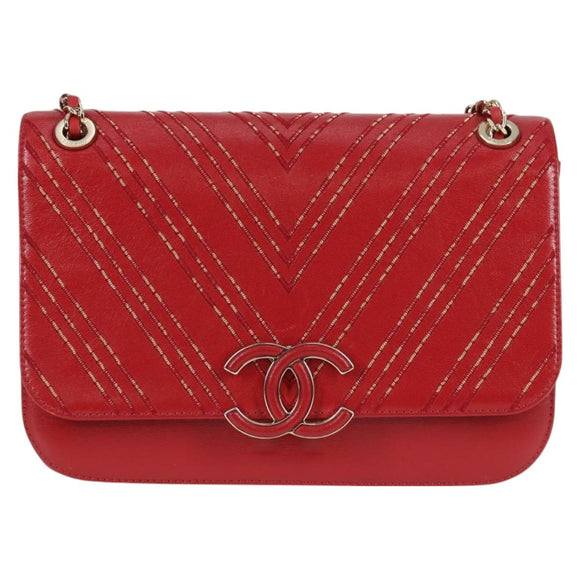 CHANEL Chain V Stitch Shoulder Bag Lamb Skin Red Gold CC Auth 126605SM