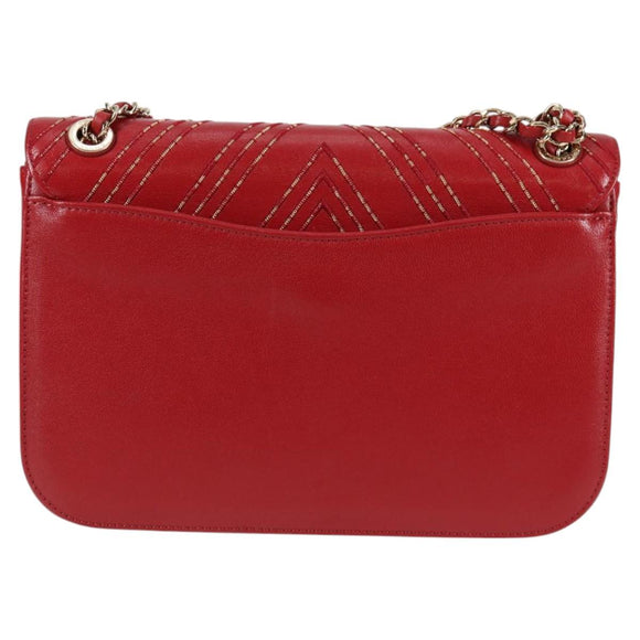 CHANEL Chain V Stitch Shoulder Bag Lamb Skin Red Gold CC Auth 126605SM