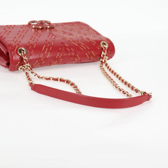 CHANEL Chain V Stitch Shoulder Bag Lamb Skin Red Gold CC Auth 126605M