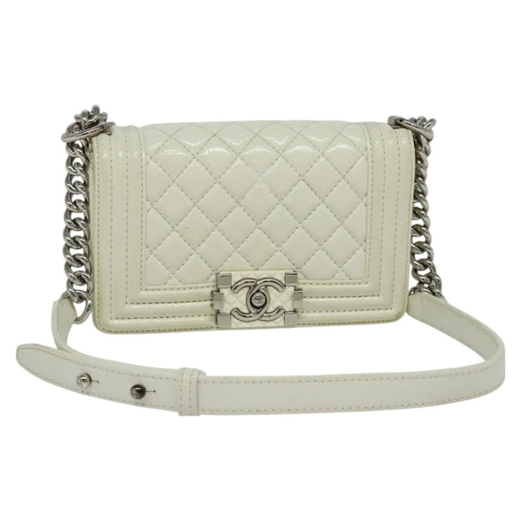 CHANEL Chain Matelasse Boy Chanel Shoulder Bag Enamel White CC Auth 126609