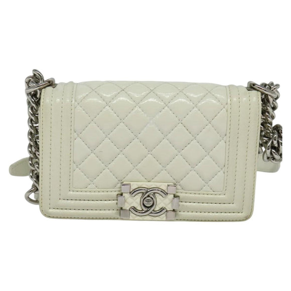 CHANEL Chain Matelasse Boy Chanel Shoulder Bag Enamel White CC Auth 126609
