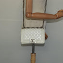 CHANEL Chain Matelasse Boy Chanel Shoulder Bag Enamel White CC Auth 126609-23