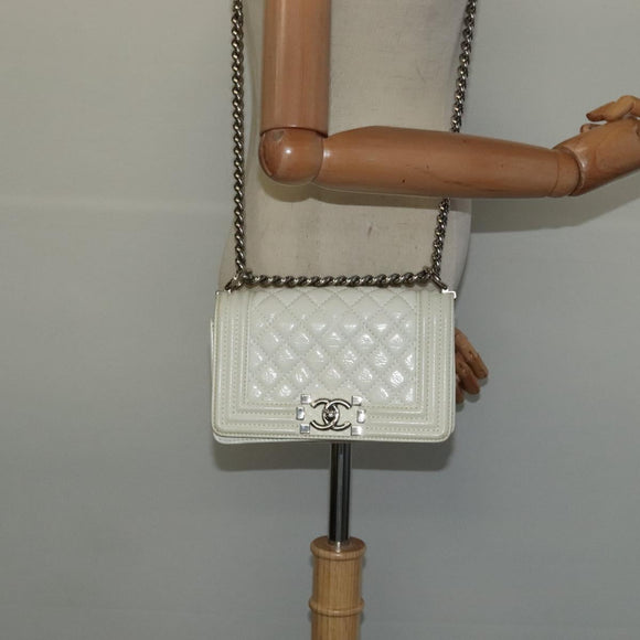 CHANEL Chain Matelasse Boy Chanel Shoulder Bag Enamel White CC Auth 126609