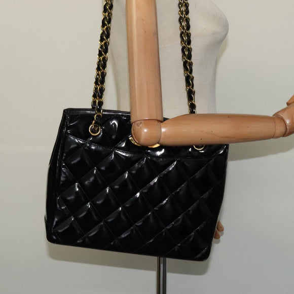 CHANEL Matelasse Chain Shoulder Bag Enamel Black Gold CC Auth 126614