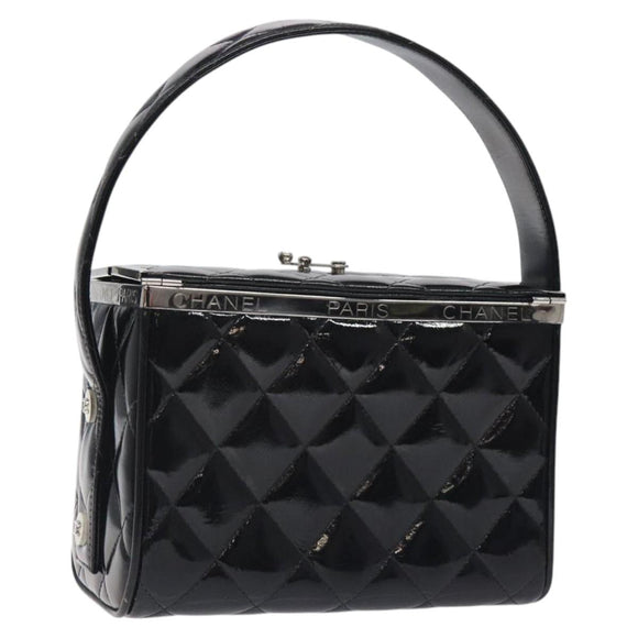 CHANEL Matelasse Hand Bag Enamel Black Silver CC Auth 126615