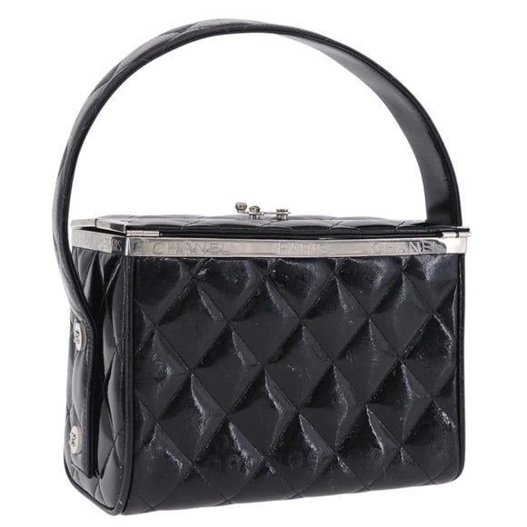 CHANEL Matelasse Hand Bag Enamel Black Silver CC Auth 126615