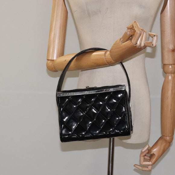 CHANEL Matelasse Hand Bag Enamel Black Silver CC Auth 126615