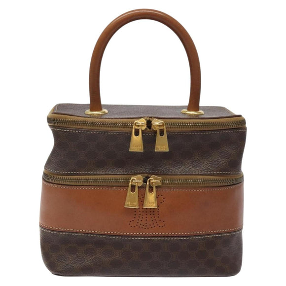 CELINE Macadam Canvas Vanity Pouch PVC Leather Brown Gold Auth 126618