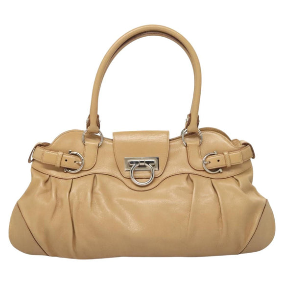 Salvatore Ferragamo Gancini Hand Bag Leather Beige Silver Auth 126621