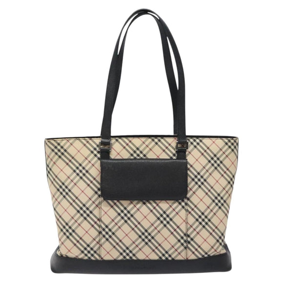 BURBERRY Nova Check Tote Bag Canvas Leather Silver Beige Auth 126624