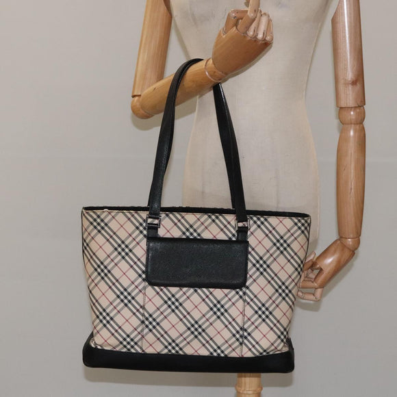 BURBERRY Nova Check Tote Bag Canvas Leather Silver Beige Auth 126624