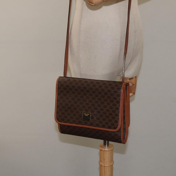 CELINE Macadam Canvas Shoulder Bag PVC Leather Brown Gold Auth 126660