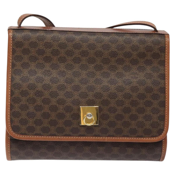 CELINE Macadam Canvas Shoulder Bag PVC Leather Brown Gold Auth 126660