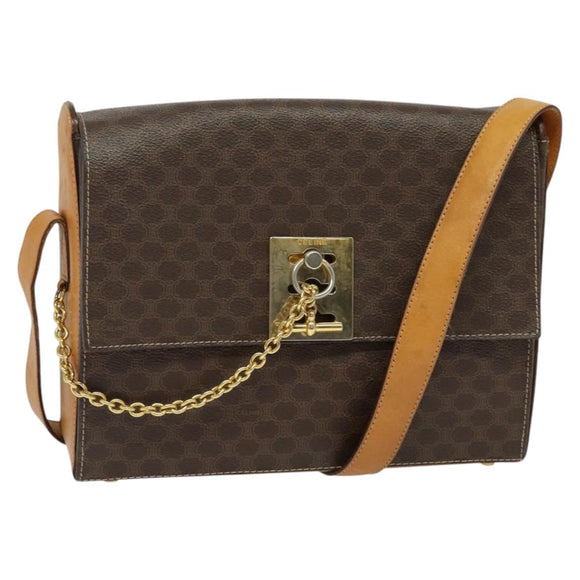 CELINE Macadam Canvas Shoulder Bag PVC Leather Brown Gold Auth 126661