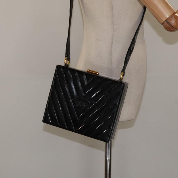 CHANEL V Stitch COCO Mark Shoulder Bag Patent leather Black Gold CC Auth 126704