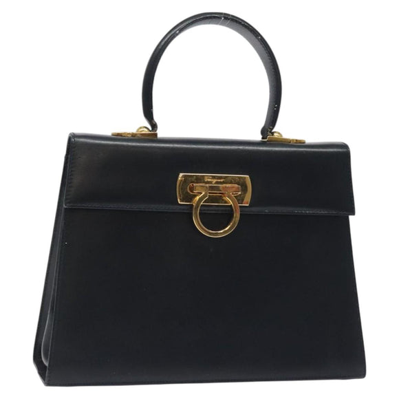 Salvatore Ferragamo Gancini Hand Bag Leather 2way Black Silver Auth 126752