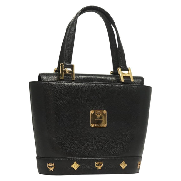 MCM Studs Hand Bag Leather Black Gold Auth 126781