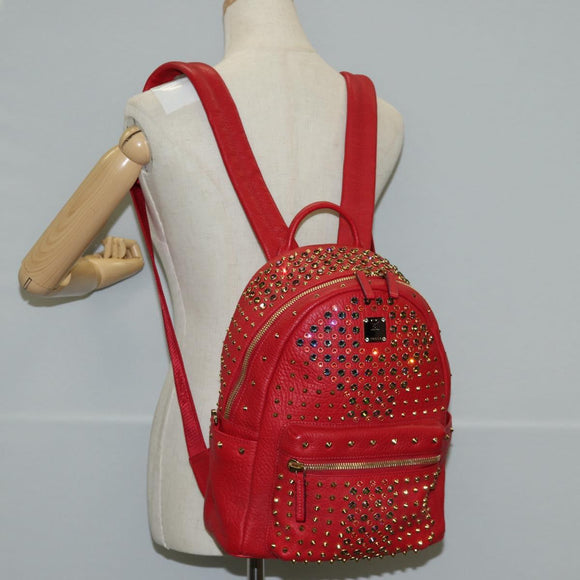MCM Logogram Vicetos studs Backpack Leather Red Gold Auth 126799A