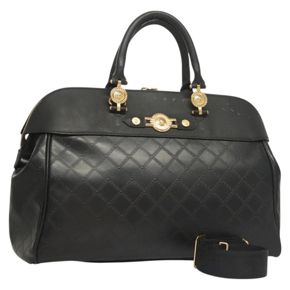 VERSACE Hand Bag PVC Leather 2way Black Gold Auth 126813